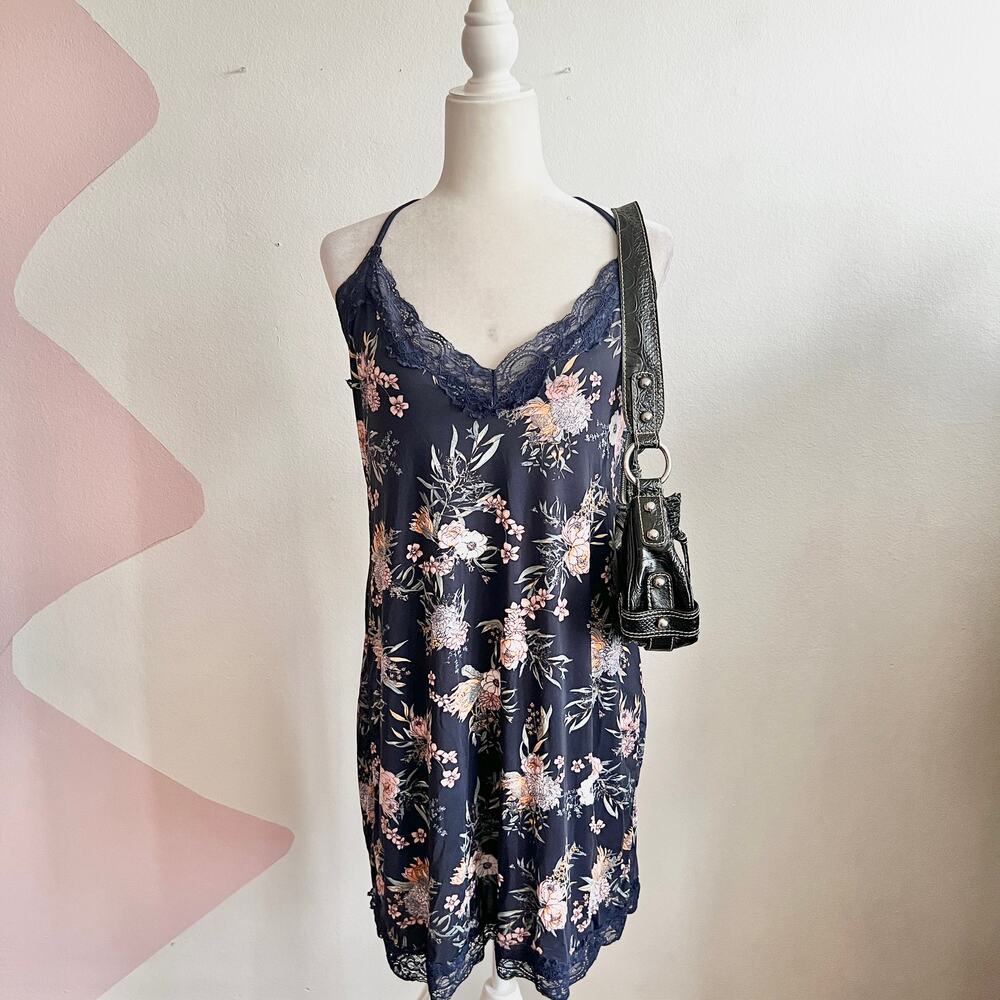 Blue Floral Lace Slip Dress Y2K Fairycore Coquette Retro Cottagecore Medium